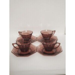 Hazel Atlas Moroccans Amethyst Cups & Saucers Purple Flared Octagon Vtg 8 Pc Set
